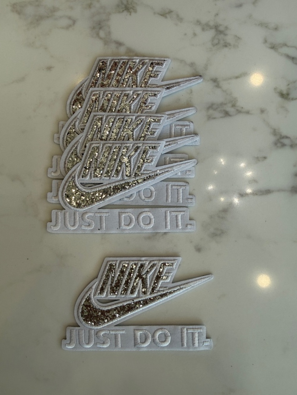 Hand Crafted White & Silver Glitter Swoosh Iron-On Patches